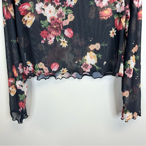 Floral Mesh Long Sleeve L XL Crop Top Black Whimsigoth Fairy Romantic 90s Y2K - Picture 8 of 8